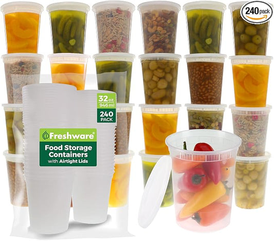 Freshware Food Storage Containers [240 Set] 32 oz Plastic Deli Containers with Lids, Slime, Soup, Meal Prep Containers | BPA Free | Stackable | Leakproof | Microwave/Dishwasher/Freezer Safe by Freshware