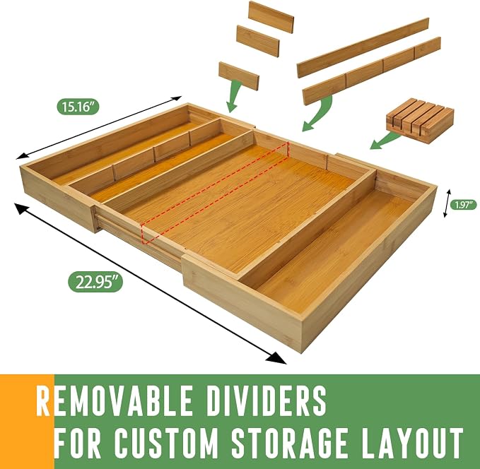 Bamboo Expandable Drawer Organizer, 15"-22" Storage Tray | Expandable 15"-22" bamboo drawer organizer with removable dividers, customizable storage for kitchen, makeup and office. - Image 6