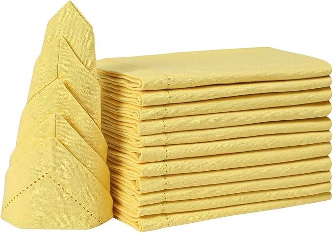 Bedding Craft Cotton Dinner Napkins Set of 12 – 18x18 Sand Yellow with Hemstitched Mitered Corners – Machine Washable Fabric Napkins for Thanksgiving, Weddings & Cocktails by BeddingCraft