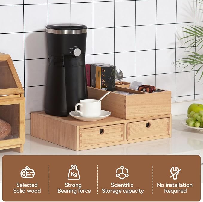 KIRIGEN Wooden Coffee Station Organizer with Drawers, K Cup Holder Natural | 2 Piece Solid Wood Set Storage Box Holds 40+ Pods, Tea Bags, Sugar with Modular Storage for Counters and Coffee Bars - Image 2
