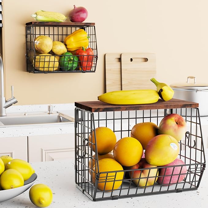 Mefirt 2pcs Fruit Basket Kitchen Storage Basket with Wood Lid | Stackable Wall Fruit Basket for Kitchen, Countertop Organizer for Snack, Fruit and Veggie Storage, 11.8 x 7.9 x 8.5 Inch - Image 3
