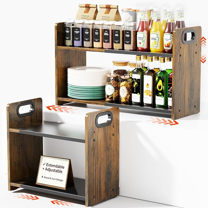 2-Tier Expandable Spice Rack Organizer for Countertop,15.2"-21.5" | Metal & Wood ,Adjustable Height Spice Racks Shelf for Counter Cabinet Coffee Station, Space-saving Kitchen Storage Shelves by Xpatee