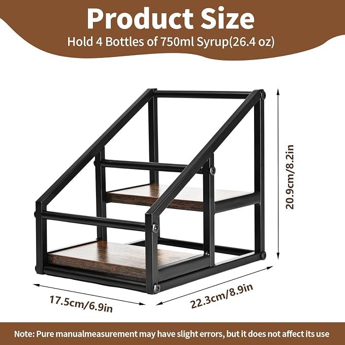 YQBRAO 2-Tier Coffee Syrup Organizer, 4-Bottle Rack, Rustic Brown | Holds 4 bottles in a narrow two-tier footprint for small counters, coffee corners, apartments, and bar carts. - Image 3