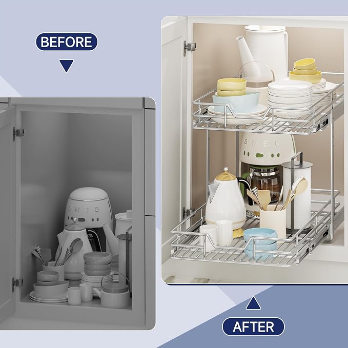 2-Tier Pull Out Cabinet Organizer, 14.5" W x 21.5" D, Heavy Duty Dual Slide Out Shelves for Base Cabinets, Chrome Wire Basket Drawer for Pantry, Kitchen & Bathroom Storage - Image 7