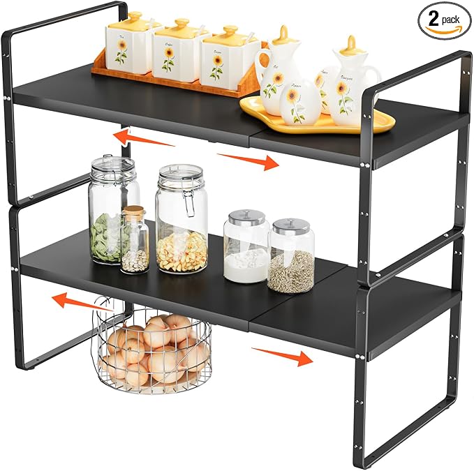 2Pack 16.5-27''L Expandable Stackable Cabinet Shelves, Black | 10.2"W x 9.6"H, Adjustable Spice Rack, For Kitchen, Countertop, Pantry and Cupboard by DPZM