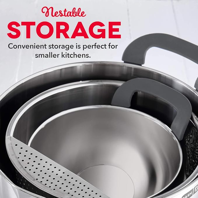 DASH Stainless Steel Mixing Bowls with Lids, Silicone Non-Slip Base with Measuring Lines and Strainer, 3 Bowl Set - 1.5 Quart, 3 Quart, & 5 Quart - Grey - Image 3