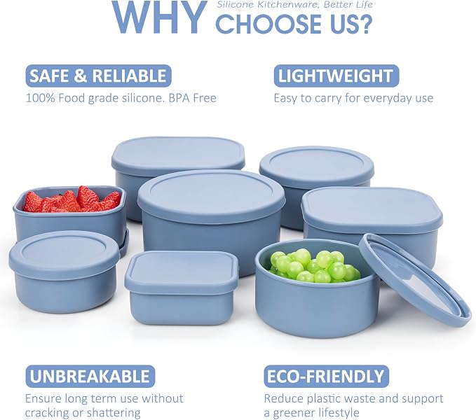 100% Silicone Food Storage Containers with Lids, 8 Pack, 10oz to 51oz, Reusable Leakproof Nesting & Stackable Silicone Bento Lunch Box, Microwave Freezer Dishwasher Oven Safe, BPA Free, Slate Blue - Image 3