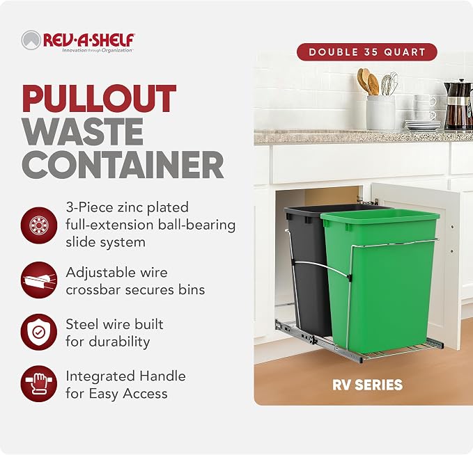 Rev-A-Shelf Double 35 Qt Pullout Trash Can for Base Kitchen Cabinets, Garbage Waste & Recycling Bin System with Full Extension Slides, Min Opening Width of 14.5", Green/Black, RV-18KD-1918C-S - Image 2