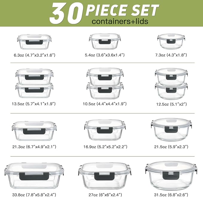 BAYZZ 30 Piece Glass Food Storage Containers Set, Glass Meal Prep Containers with Lids, Airtight Lunch Box, BPA-Free, Microwave, Freezer & Dishwasher Safe - Image 7