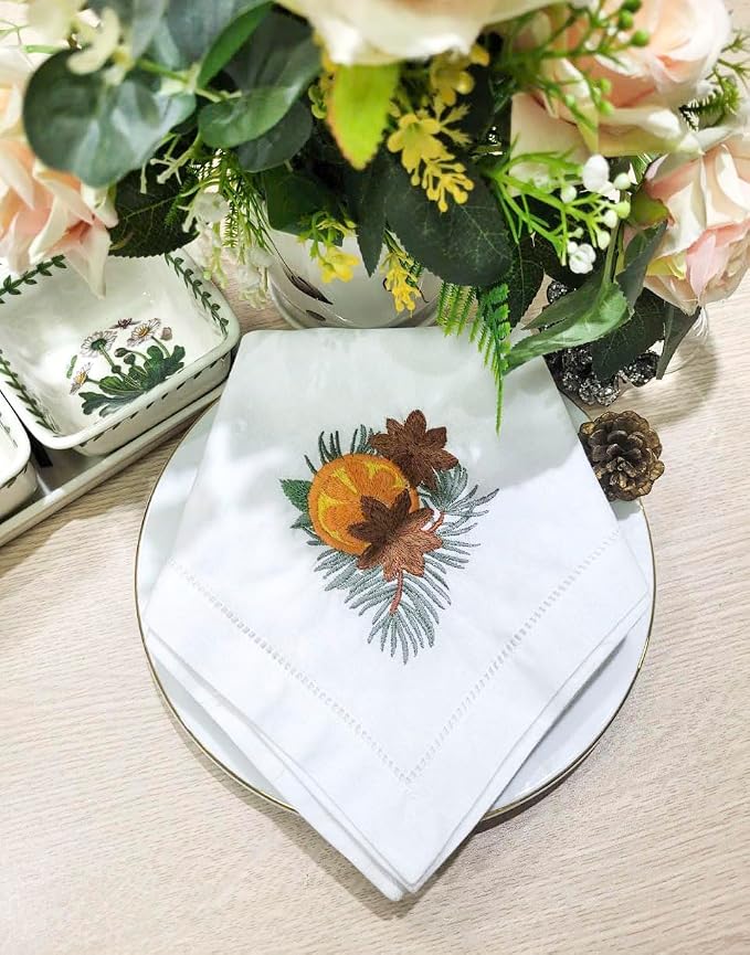 Embroidered Cloth Napkins, Set of 6 – Pine Cone, Orange & Palm Leaf Design – 20x20 Hemstitch Cotton Table Napkins – Machine Washable, Holiday & Everyday Use, Great Gift Idea - Image 5