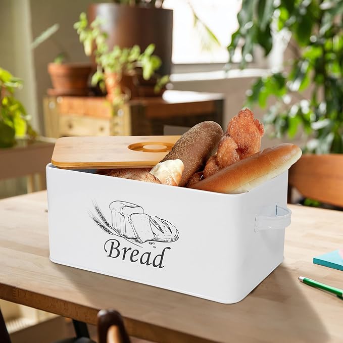 SOTECH Bread Box with 3pcs Jars Coffee Sugar Tea for Kitchen Countertop White Metal Bread Box with Bamboo Board Cover Pastry Storage Container Set Kitchen decor (white box with jars) - Image 2