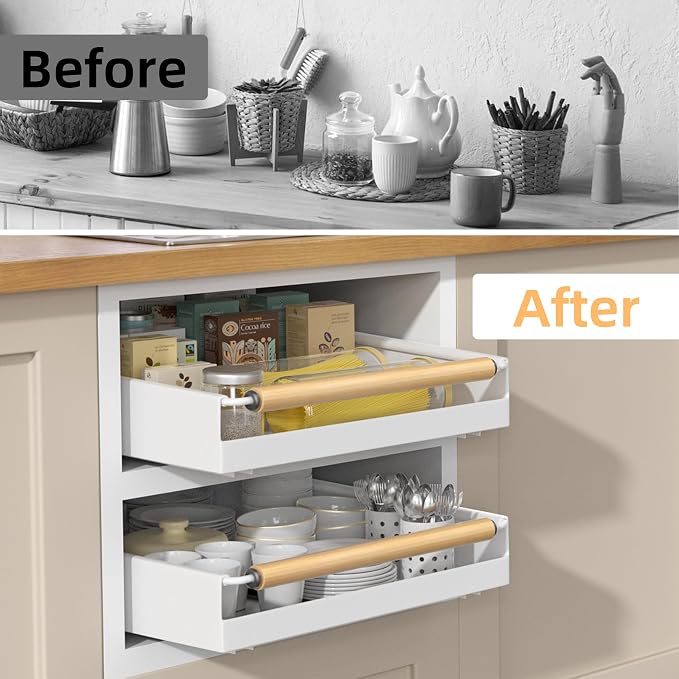 2 Pack No-Drill Pull Out Cabinet Organizer 15.3'' Deep Expandable Slide Out Drawers for Kitchen Pantry & Under Sink Storage, Adhesive Nano Film Mount, White - Image 7