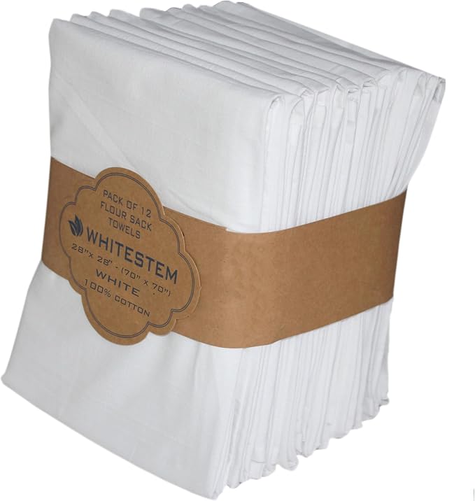 Flour Sack Tea Towel for Crafts | Kitchen Dish Cotton Blank Towel for Embroidery | Baking Bread Proofing Linen Cover | Thick Absorbent Quick Dry | 12 Pack 28"x28" White by WHITESTEM