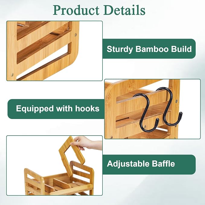 Bamboo Rolling Can Organizer for Pantry: Double-Tier Automatic Rolling Cans Dispenser Rack with Hooks, Can Holders Dispensers for Pantry for Kitchen Cabinet - Image 3
