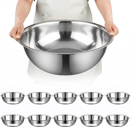 10 Pcs Stainless Steel Mixing Bowls Metal Mixing Bowls Extra Large Basin Salad Bowl with Deeper Edge, Dishwasher Safe, Mirror Finish for Home and Commercial, Silver (13 Inch 7 Qt) by Unknown