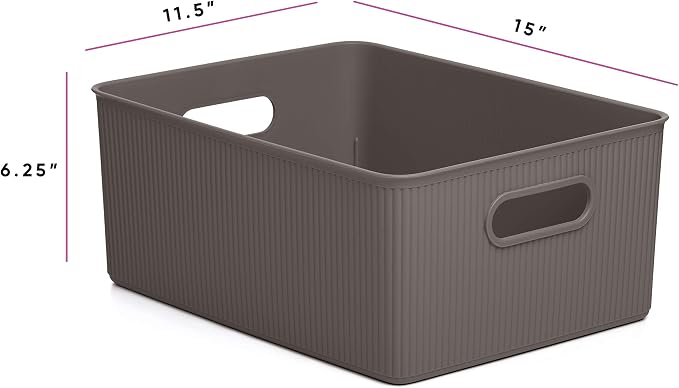 Superio Ribbed Collection - Decorative Plastic Basket Open Home Storage Bins Organizer, Brown (Set of 3) 1 X-Large, 1 Large, 1 Medium - Container Boxes for Organizing Closet Storage Bins for Shelves - Image 3