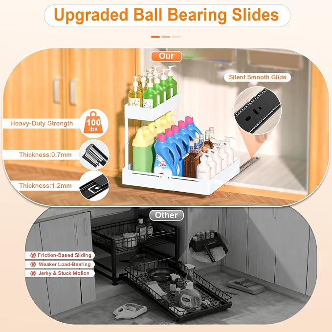 YJHome 2 Pack Expandable Under Sink Organizer, 2 Tier Pull Out Cabinet Organizer with Smooth Ball Bearing Slides, Adjustable Height Cabinet Storage Shelves for Kitchen, Bathroom, Laundry, Pantry - Image 2