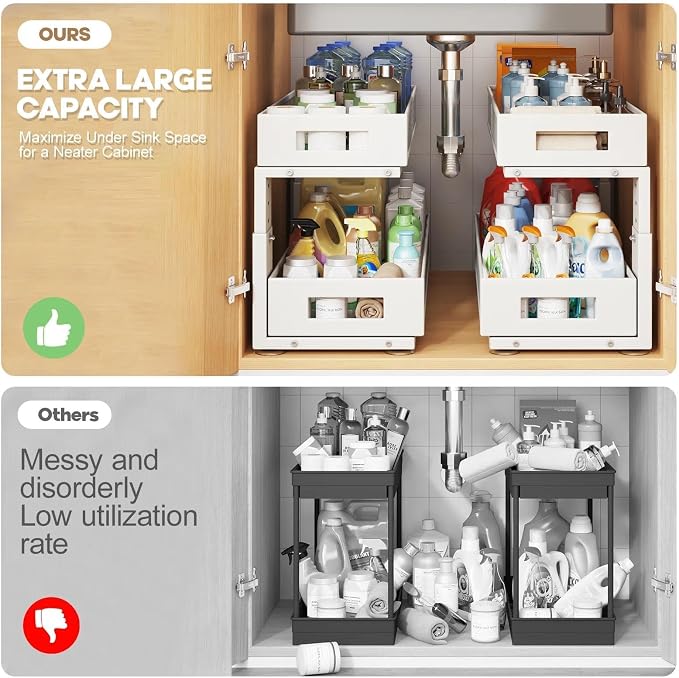 2 Packs 21IN Depth Under Sink Organizer, 2-Tier Pull Out Cabinet Organizer With Smooth Circular Rail, Large Capacity Metal Mesh Sliding Drawers For Bathroom& Kitchen Storage,Height Adjustable –White - Image 4