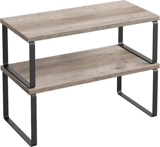 SONGMICS Cabinet Organizer Shelf, Set of 2 Kitchen Counter Shelves, Kitchen Storage, Spice Rack, Stackable, Expandable, Metal and Engineered Wood, Ink Black and Heather Greige UKCS200X02 by Unknown