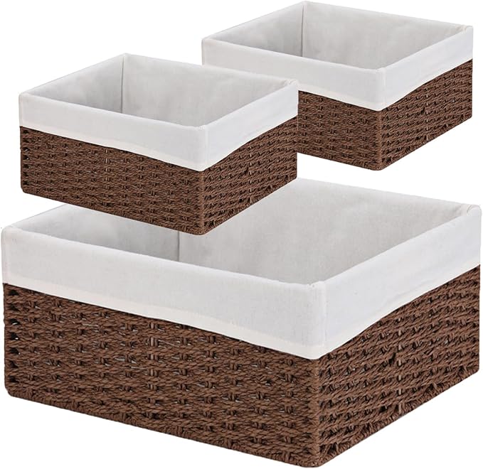 Wicker Baskets for Storage, Set of 5 Hand-Woven Wicker Storage Baskets for Shelves, Cube Storage Baskets Bins with Handles, Wicker Basket for Organizing Pantry Bedroom, Brown - Image 2