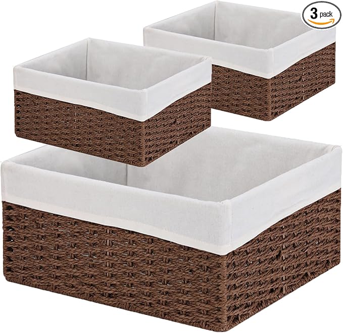 Wicker Basket, Set of 3 Hand-woven Storage Baskets for Organizing, Decorative Rectangle Wicker Storage Basket Bins with Handles, Small Toilet Paper Storage Baskets for Shelves & Decor, Brown by Vagusicc