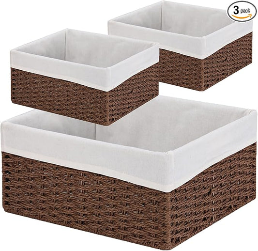Wicker Basket, Set of 3 Hand-woven Storage Baskets for Organizing, Decorative Rectangle Wicker Storage Basket Bins with Handles, Small Toilet Paper Storage Baskets for Shelves & Decor, Brown by Vagusicc