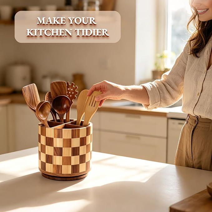 Rotating Wooden Utensil Holder – 7.8” Round Acacia Wood Kitchen Utensil Organizer with Checkered Design, Large Countertop Crock for Spatulas, Spoons & Cooking Tools, Farmhouse Kitchen Decor - Image 3