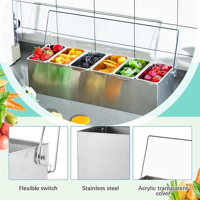 Boao 6 Slot Ice Chilled Stainless Steel Condiment Caddy with 4 Ice Packs, 20oz Compartment Garnish Tray, Toppings Containers with Lids for Summer Bar BBQ Picnic Sauce Fruit Party Food Station - Image 4