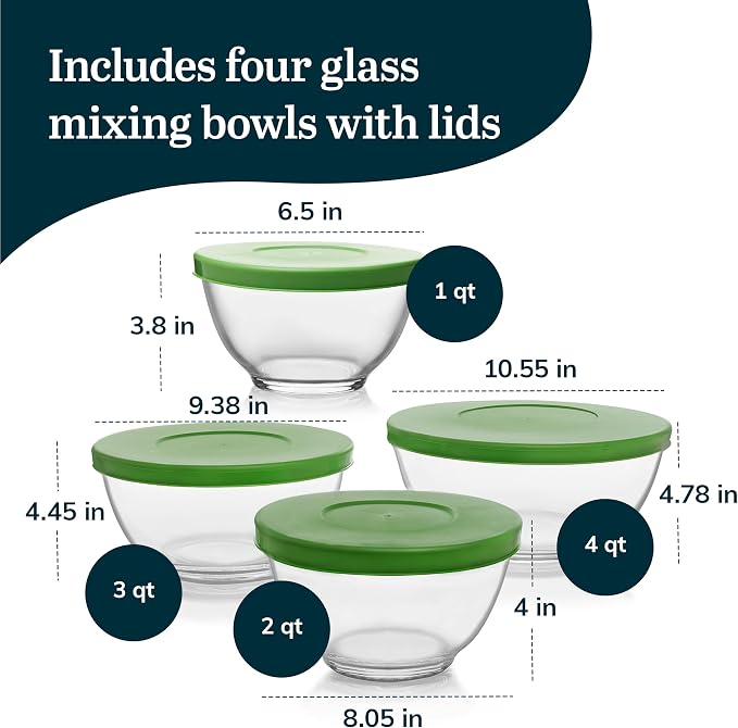 Libbey Baker's Basics 4 Piece Glass Mixing Bowl Set with Plastic Lids - Elegant Nesting Bowls - Glass Mixing Bowls with Lids to Store, Serve and More - Image 3