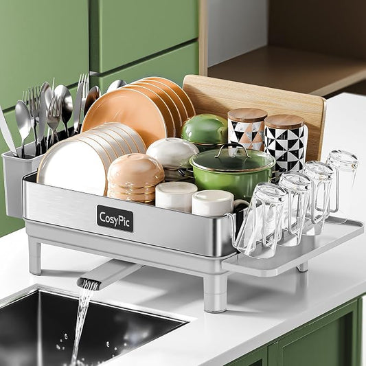 Dish Racks, Thicker Premium 304 Stainless Steel Dish Drying Rack for Kitchen Counter, Automatic Drainage Spout, Dish Drainer & Drainboard Set with Utensil Holder and Cup Holder, Grey by CosyPic