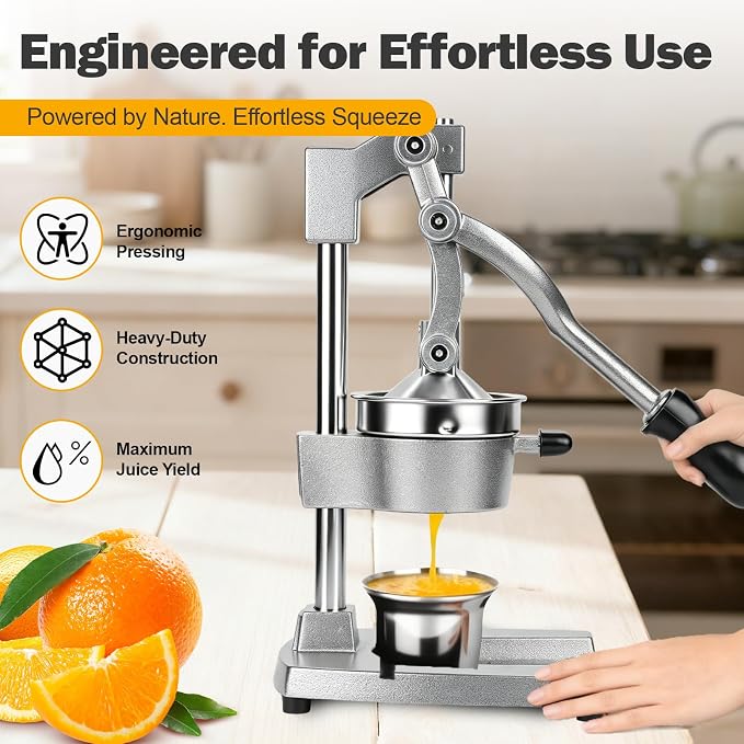 Manual Citrus Juicer Press, Heavy Duty Cast Iron Lemon Squeezer with Stainless Steel Cone, Commercial Hand Press Juicer for Orange, Lemon & Lime, Easy to Clean - Image 5