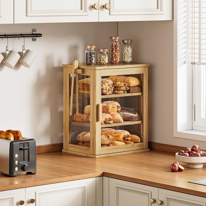 WOWLIVE Bread Box for Kitchen Countertop, 3 Layers Bread Storage Container | Large Bamboo Bread Bin for Homemade Bread with Window, Farmhouse Breadbox Organizer for Kitchen, Cabinet, Natural, Meduim - Image 2