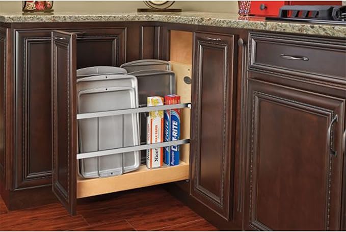 Rev-A-Shelf 8" Pullout Wooden Bakeware Organizer Shelf for Kitchen Cabinets, Pots and Pans Wire Storage Rack w/ Soft-Close Slides, 447-BCSC-8C - Image 2