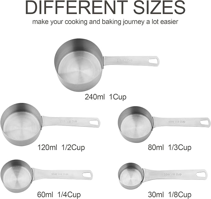 Stainless Steel Measuring Cups and Spoons Set, 18/8(304) Steel Material Heavy Duty 5 Measuring cups and 5 Measuring Spoons 1 Leveler and 2 rings Pack 13pcs Per set - Image 4