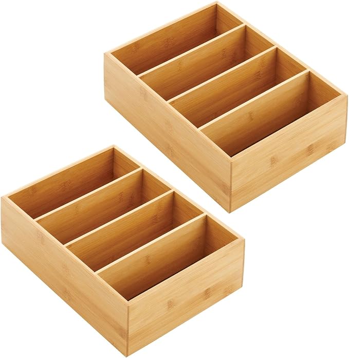 mDesign Bamboo Wood Food Storage Organizer Box, 4 Section, Divided Compartment Bin; Container for Kitchen, Pantry; Holder for Spices, Snacks, Tea, Coffee Cup - Echo Collection - 2 Pack - Natural - Image 8