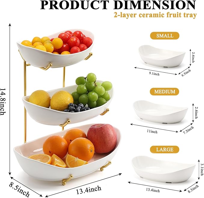 Large Size 3 Tier Ceramic Fruit Bowl,（13.4, 11 and 9.1 inch Plate）More Storage Space, Golden Metal Stand for Kitchen Counter,Porcelain Fruit Basket for Countertop, Snack, Nuts, Cake, Dessert - White - Image 2