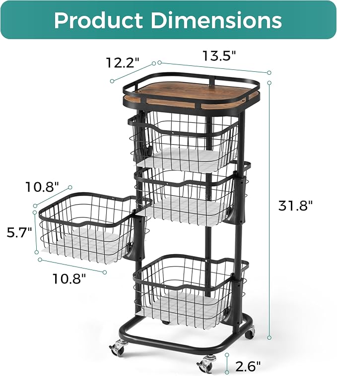 4 Tier Rotating Kitchen Storage Cart, Fruit Vegetable Potato Rack Stand | Patented Swivel Part Spin Smoothly Even Full. Rustproof. One-Piece Wire Bin Prevent Sagging. Keep Onion, Veggie, Spices Fresh - Image 6