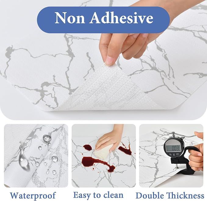 Drawer and Shelf Liner for Kitchen Cabinet: 12 in X 20 Ft Non Slip | Waterproof Shelf Paper Non Adhesive Refrigerator Liners Silver Marble Easy Liners for Bathroom with Knife Tape Measure - Image 5
