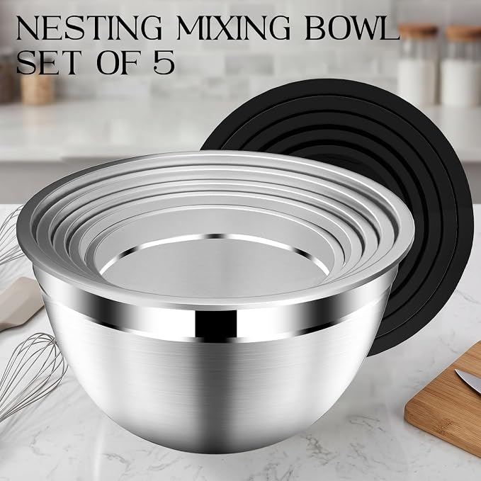 DUTZUN Stainless Steel Mixing Bowls with Airtight Lids Set of 5, Black | Kitchen Appliances Essential Gifts for Mixing, Baking, Prep, Salads, Serving, Cooking - Image 4