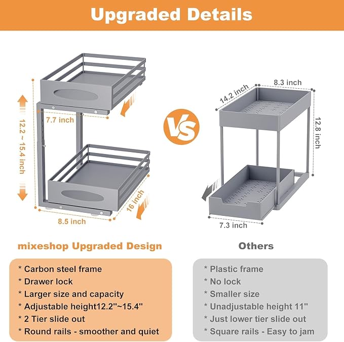 Under Sink Organizer, 2 Tier Under Sink Organizers and Storage, Adjustable Height, Slide out Metal Cabinet Organizers, Pull out Cabinet Storage Drawer Shelf for Kitchen Bathroom (Gray, 2 Pack) - Image 5