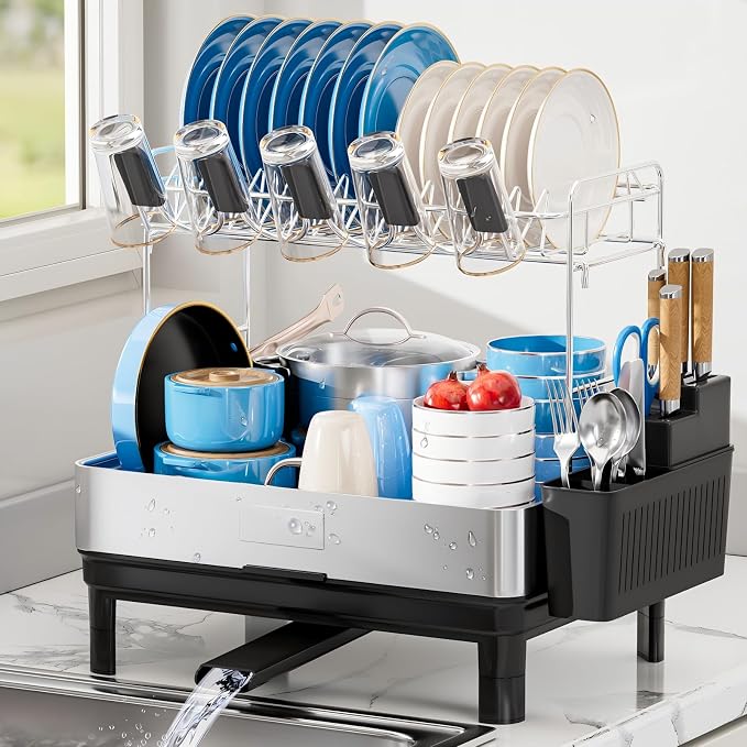 Ewaiira Dish Drying Rack, 2 Tier Large Dish Rack, Stainless Steel Dish Drainer for Kitchen Counter, Dishes Rack with Automatic Drainage, Utensil Holder,Cups Holder,Space Saving Kitchen Organizer,Black by EwaiiraHomeStorageOrganizer