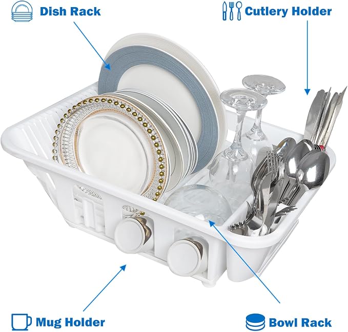 KOOMADE 2-Pack Large Dish Drying Rack for Kitchen Counter -Dish Drainer Set with Drainboard Heavy Duty Plastic Counter Organizer for Dishes, Cups, Knives, Spoons and Forks, Made in USA (White) - Image 6