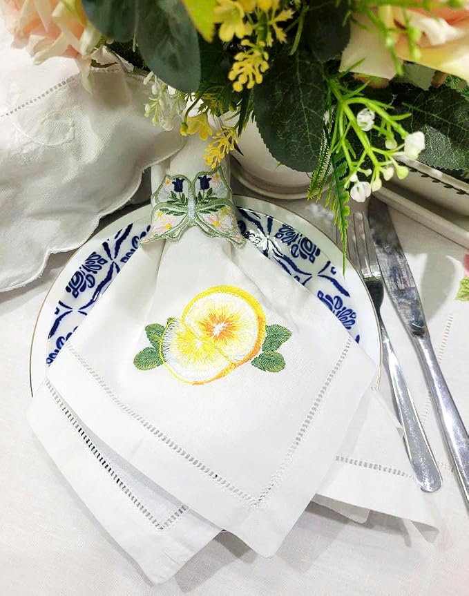 Embroidered Cloth Napkin Lemon Cotton Napkins Set of 6, 20x20 Hemstitch Table Napkins Machine Washable, Daily & Holidays, Great Present Ideas - Image 7
