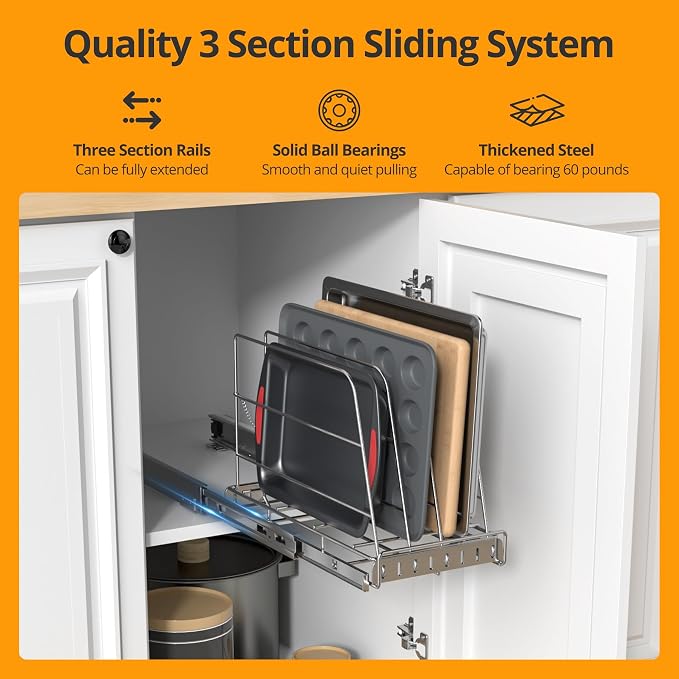 NestSprout Pull Out Cabinet Organizer for Cutting Board, Cookie Sheet, Baking Sheet, Stainless Steel Sliding Rack for Bakeware & Trays, Heavy-Duty Cutting Board Organizer 9”W x 16.5”D | Stainless Steel Sliding Rack for Bakeware & Trays, Heavy-Duty Cutt... - Image 2