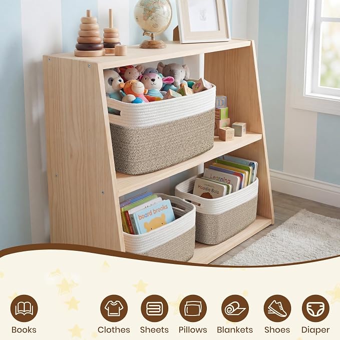 Storage Baskets for Organizing, 14 x 10 x 9” Closet Shelf Woven Baskets, Square Bins with Handles, Cotton Rope Basket for Clothes, Office, Room, White+Rice Brown 4 Pack - Image 7