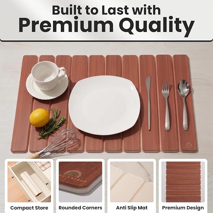 Large Stone Dish Drying Mat For Kitchen Counter | Non-Slip, Super Absorbent Diatomaceous Dish Dry Mat | Rollable Stone Drying Mat For Kitchen Counter, Heat-Resistant, Easy to Clean, Warm Walnut Color - Image 4