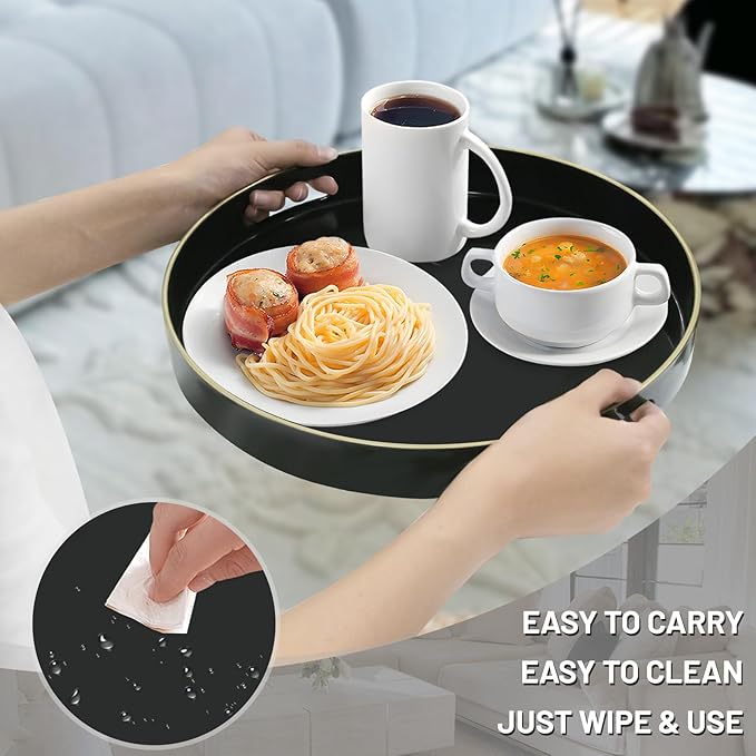 13" Black Decorative Tray, Plastic Round Serving Tray with Handles | Decorative Tray for Coffee Table, Modern Ottoman Tray, Circle Tea Tray, Round Melamine Tray for Living Room, Bathroom - Image 4