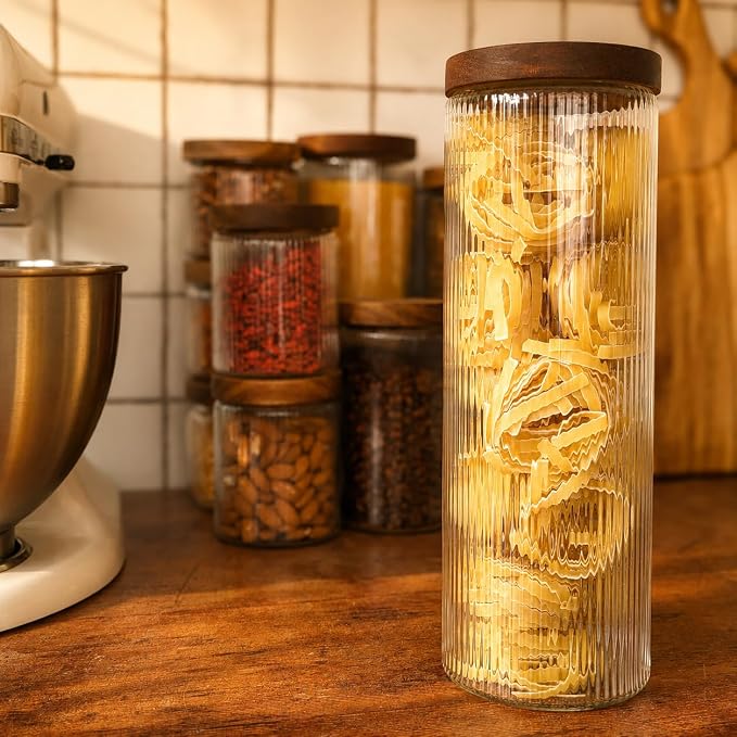 Mason & Fable Ribbed Glass Canisters or Spaghetti Jars with Airtight Wood Lid- Tall Storage Containers for Pasta, Cereal or Flour -Ideal for Kitchen/Pantry Organization - 60 fl.oz, Set of 2 - Image 4