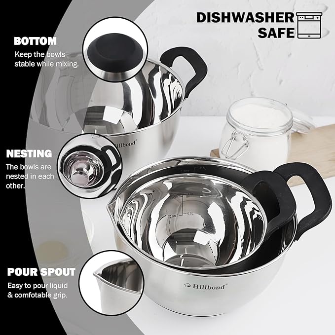 Hillbond Stainless Steel Mixing Bowls with Lids Set, Set of 3, Black | mixing bowls with Pour Spout, Silicone Handle, Non-Slip Bottoms, Dishwasher Safe, Metal Mixing Bowls for baking - Image 3