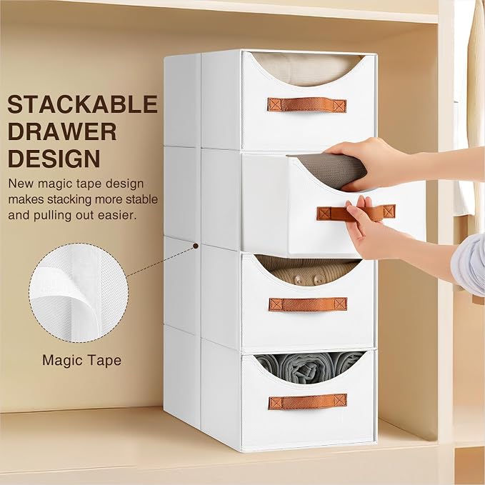 Stackable Storage Drawers - Collapsible Storage Bins with Drawers, 6 Pack Closet Shelf Organizer Basket, Fabric Pull Out Organizer for Bedroom, Living Room, Dorm, White - Image 4